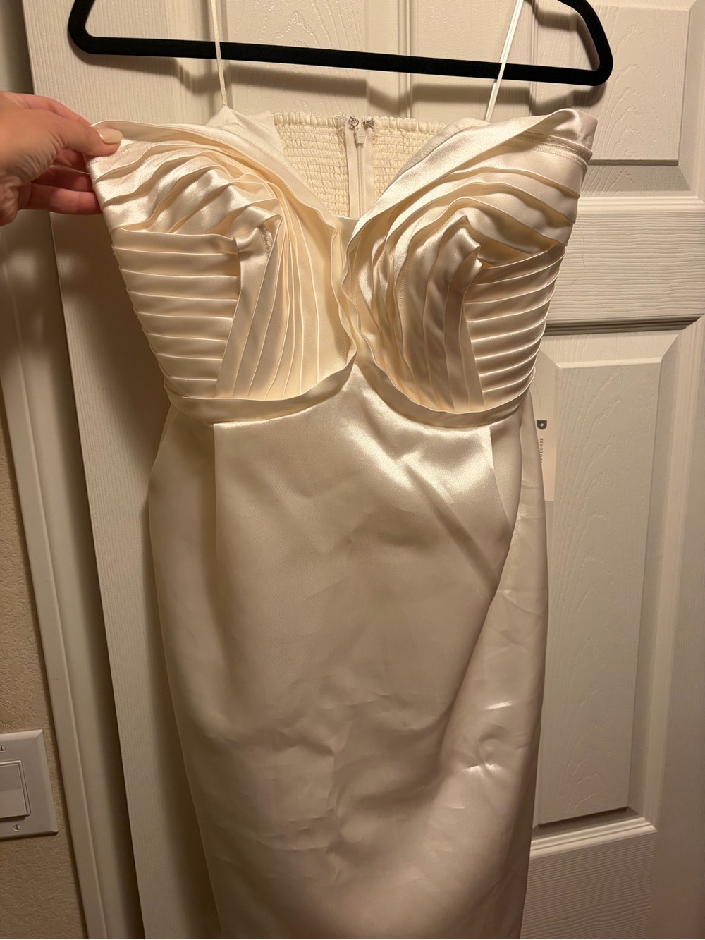 BHLDN Ivory Strapless Satin Pleated Bust Sheath Dress